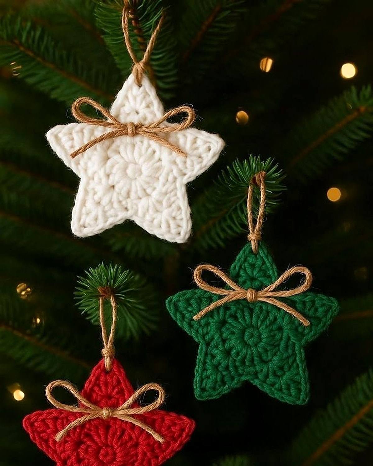 Estrelas com Laço de Juta, enfeite de Natal de crochê
