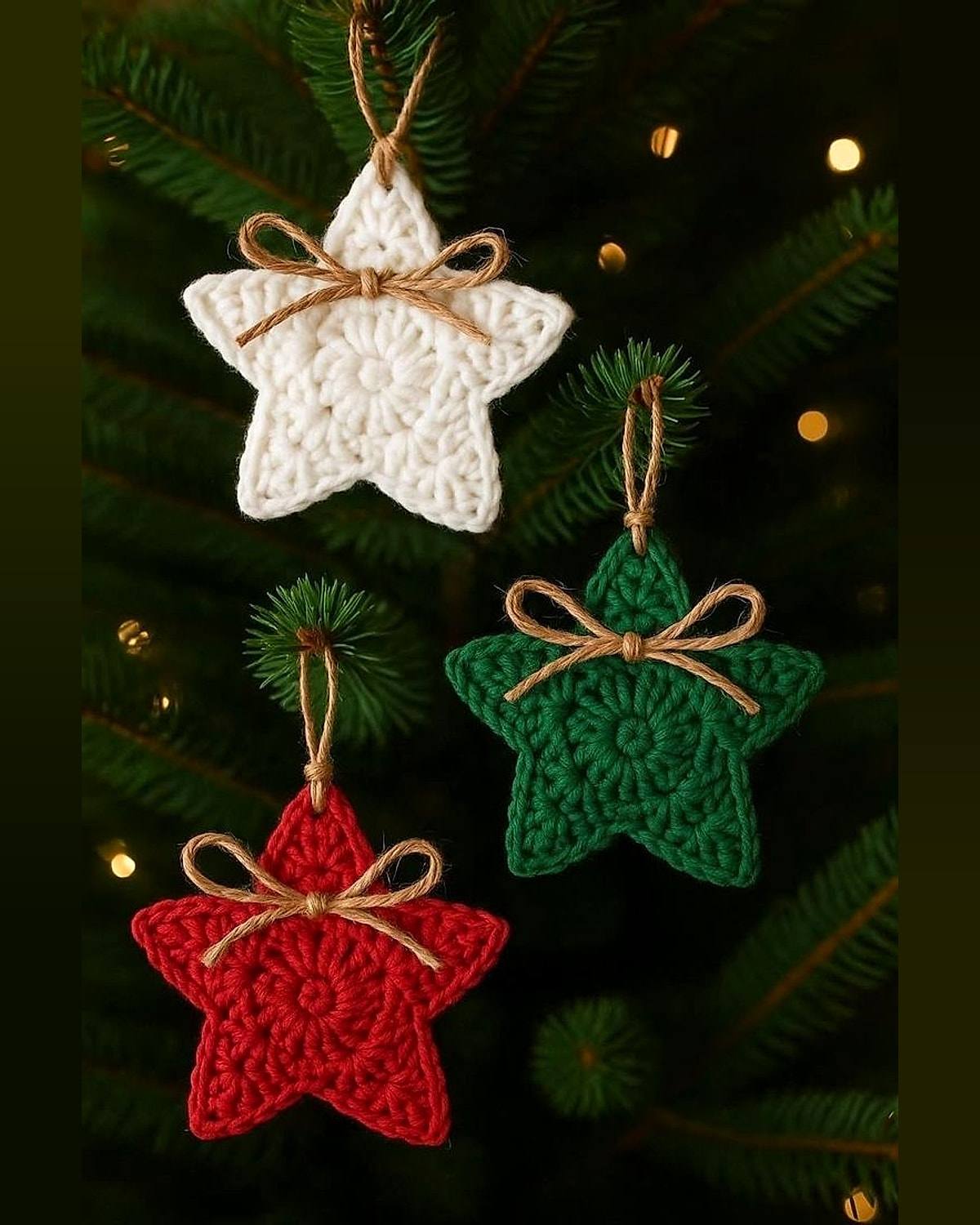 Estrelas com Laço de Juta, enfeite de Natal de crochê